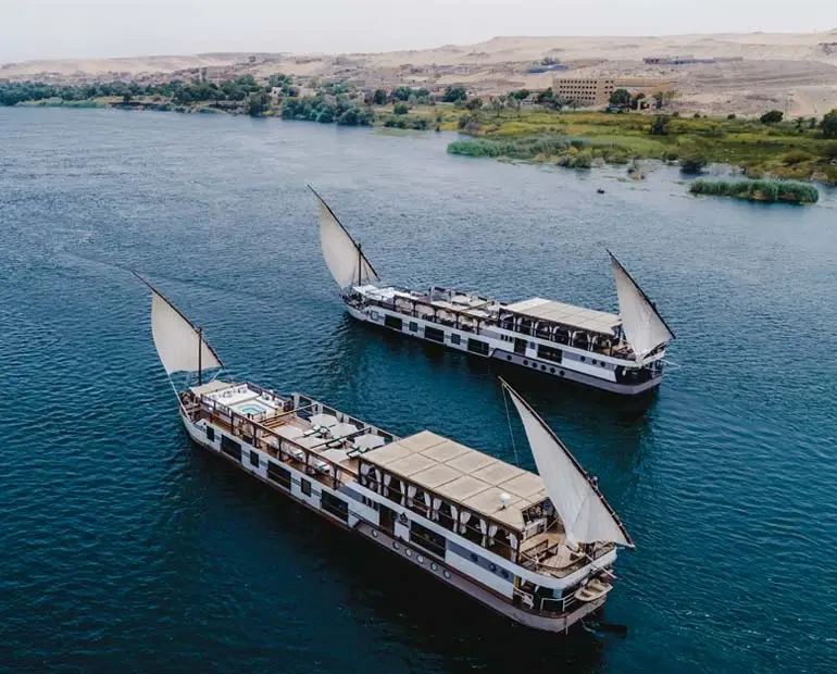 Traditional Dahabiya Nile cruise boat sailing on the Nile River in Egypt